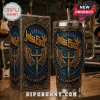 Judas Priest 2026 Faithkeepers tumbler with gothic gold cross and wings design on blue metal background!