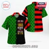 Juneteenth graphic button-up shirt with black stars on green, red-black stripes, and text about 1865 and 1776 history!