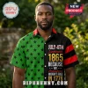 Split design button-down shirt with green star pattern and black side reading July 4th Juneteenth 1865 text!