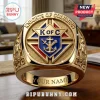 Gold Knights of Columbus ring, ornate fraternal style! Features 'KNIGHTS OF COLUMBUS', 'K OF C' logo, anchor, swords, ships!