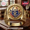 Ornate gold fraternal ring with blue and red details! Features