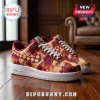 Red and yellow tie-dye sneakers with checkerboard swoosh and K A Y gold Greek lettering on white rubber soles!