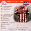 Red and cream striped Kappa Alpha Psi button down shirt with crest logo and Greek letters K A Psi on gray background!