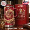 Red and white tie-dye Yeti tumbler with Kappa Alpha Psi 115th anniversary crest and text on a wooden desk!