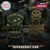 Black Kawasaki 130th anniversary t-shirt with green Ninja motorcycle graphics and industrial shipyard design!