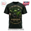 Black graphic t-shirt featuring a green Kawasaki Ninja motorcycle with Let The Good Times Roll 130th Anniversary text!