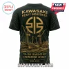 Black t-shirt back graphic featuring Kawasaki Heavy Industries logo, industrial shipyard illustration, and gold text 1896-2026!