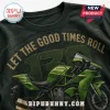 Black graphic t-shirt with a green Kawasaki Ninja motorcycle illustration and text Let The Good Times Roll in gold!