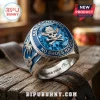 Silver country music fan ring with blue gem, Kenny Chesney No Shoes Nation text, skull in cowboy hat, palm tree, guitar! SUMMER TOUR!