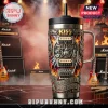 Silver metal rock tumbler featuring gold KISS logo, guitar, flames, lightning, pentagram, band faces! Text: ROCK AND ROLL ALL NITE AND PARTY EVERY DAY!