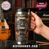 Silver metallic KISS tumbler, rock and roll style with guitar, flames, lightning. Features band faces and text 