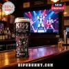 KISS 53rd Anniversary beer glass featuring band members, red flames, and rock music icons on a wooden bar counter!
