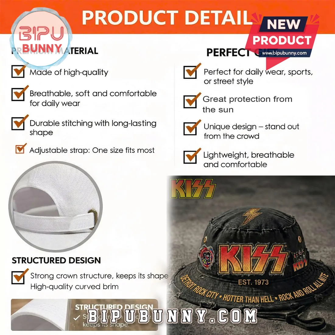 KISS Classic Rock Patches Detroit Rock City Bucket Hat KISS Classic Rock Patches Detroit Rock City Bucket Hat