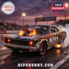 Black KISS band muscle car with flames at a drag strip, retro style graphic with text KISS and Rock and Roll All Nite!