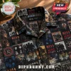 Button up shirt featuring collage of vintage KISS rock band album covers in dark colors with band members and logos!