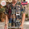 Button-down shirt featuring a multi-panel collage of vintage KISS rock band album covers and concert graphics!