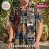 Button down shirt featuring collage of vintage KISS rock band album covers in vibrant colors on a black background!