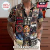 Short sleeve button up shirt with an all over collage of vintage KISS rock band album covers and band member portraits!