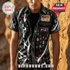 Black button up shirt featuring KISS band logo, red lips, gold lightning bolts, and star patches in a glam rock style!