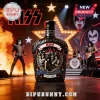 Black liquor bottle featuring KISS band graphics, 50th anniversary text, and flame motifs on a stage background!