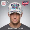White distressed KISS band baseball cap with purple blue gradient logo, cartoon members in pool, and pineapple design!