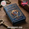 Blue and gold antique style Knights of Columbus Zippo lighter with K of C emblem, crossed swords, and 'IN SERVICE TO ONE, IN SERVICE TO ALL' text!