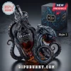 A dramatic close up of a Kraken rum bottle with an octopus sculpture featuring a Style 1 label on the right side!