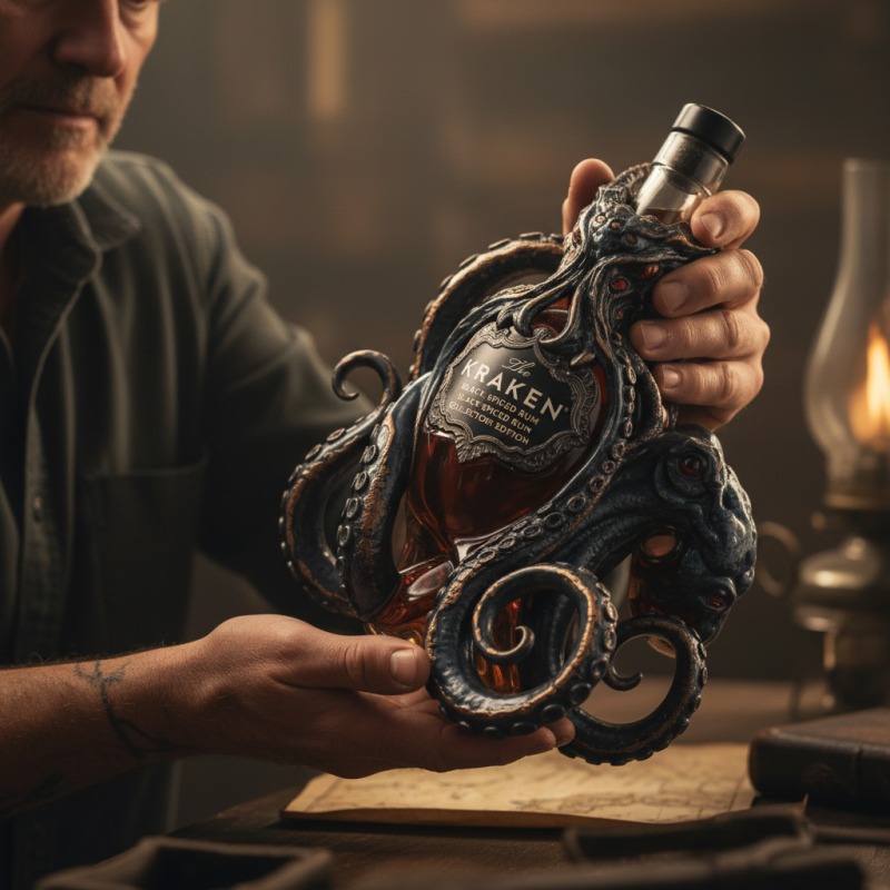Man holding a Kraken rum bottle with octopus tentacle design in a warm room!