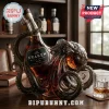 Dark amber glass Kraken octopus decanter holding The KRAKEN BLACK SPICED RUM OCTOPUS WHISKEY DECANTER on wood table!