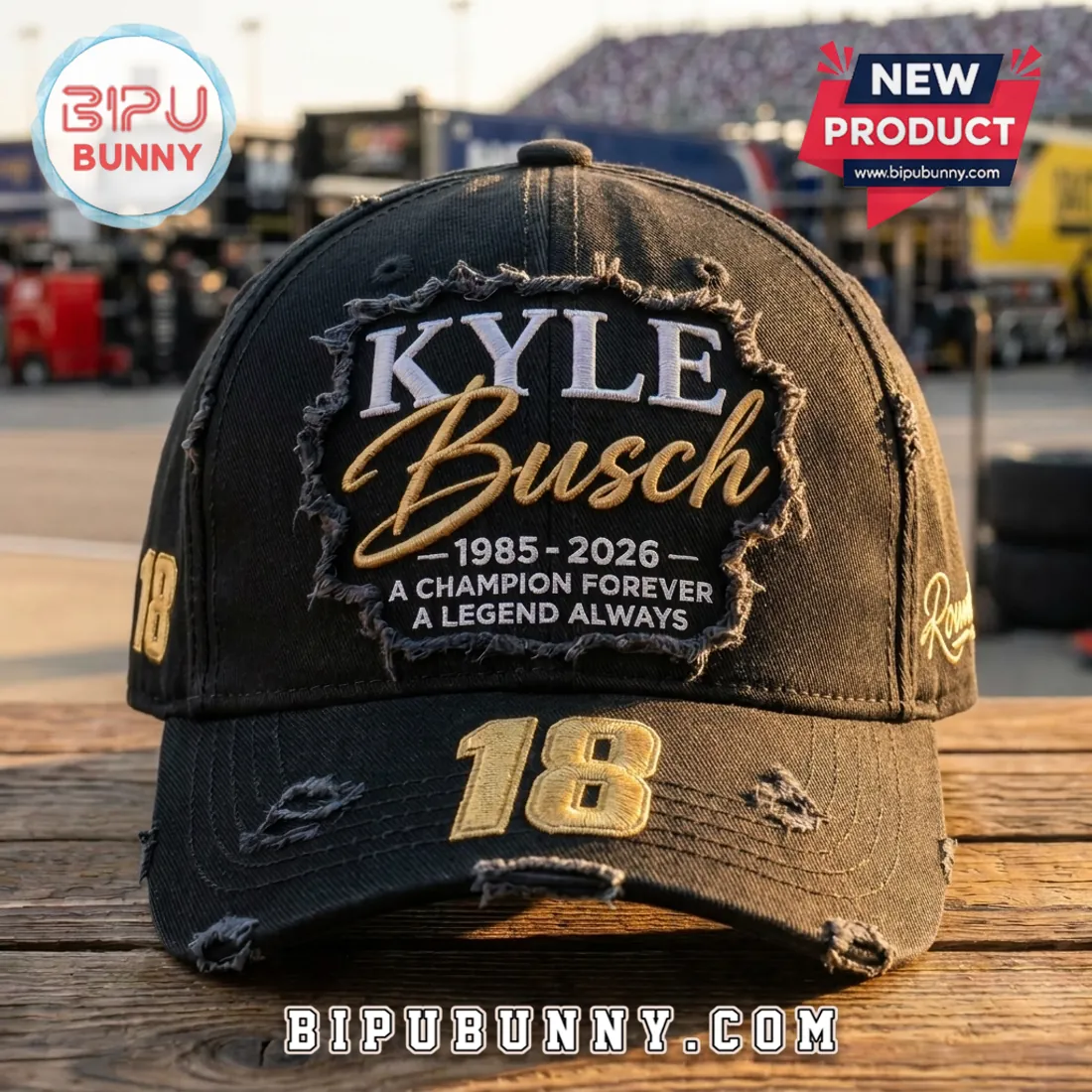 Kyle Busch 18 Champion Forever Distressed Baseball Cap Kyle Busch 18 Champion Forever Distressed Baseball Cap