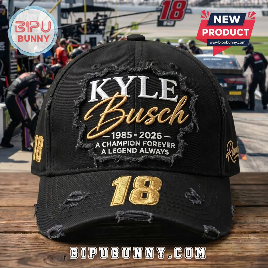 Kyle Busch 18 Champion Forever Distressed Baseball Cap Kyle Busch 18 Champion Forever Distressed Baseball Cap