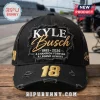 Black distressed baseball cap with Kyle Busch embroidery, 1985-2026 text, and gold number 18 in racing style!