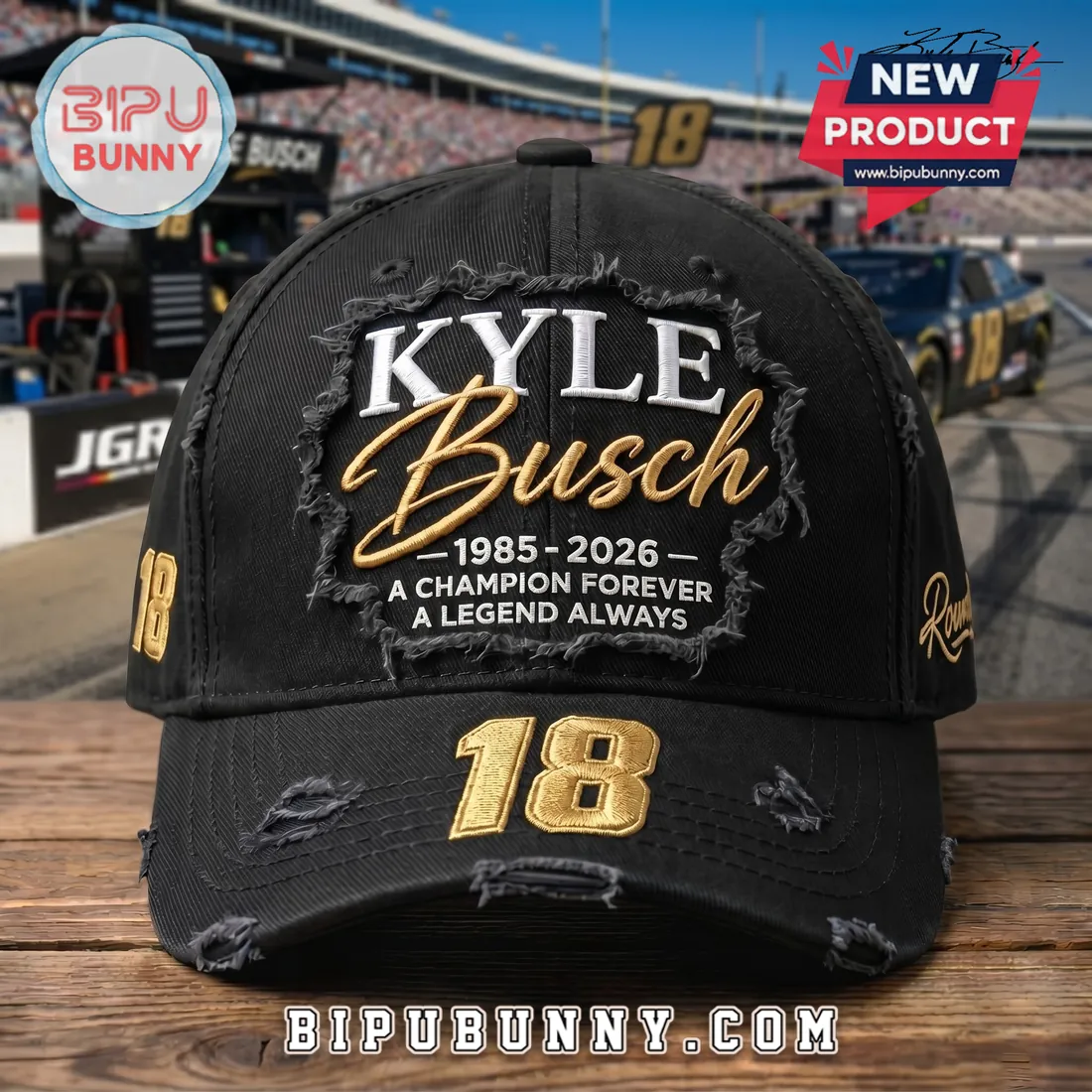 Kyle Busch 18 Champion Forever Distressed Baseball Cap Kyle Busch 18 Champion Forever Distressed Baseball Cap