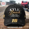 Black distressed baseball cap with embroidered text Kyle Busch 1985-2026 A Champion Forever A Legend Always and number 18!