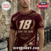 Burgundy racing t-shirt with gold 18 logo, GONE TOO SOON 1985-2026 text, checkered trim, and flame graphics!