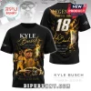 Black Kyle Busch memorial t-shirt with gold graphics number 18 racing car and text Legends Never Die 1985-2026!