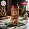 Red Yeti tumbler with Kyle Busch 18, 1985-2026 text, gold race car graphic, and ornate jeweled racing design on marble desk!