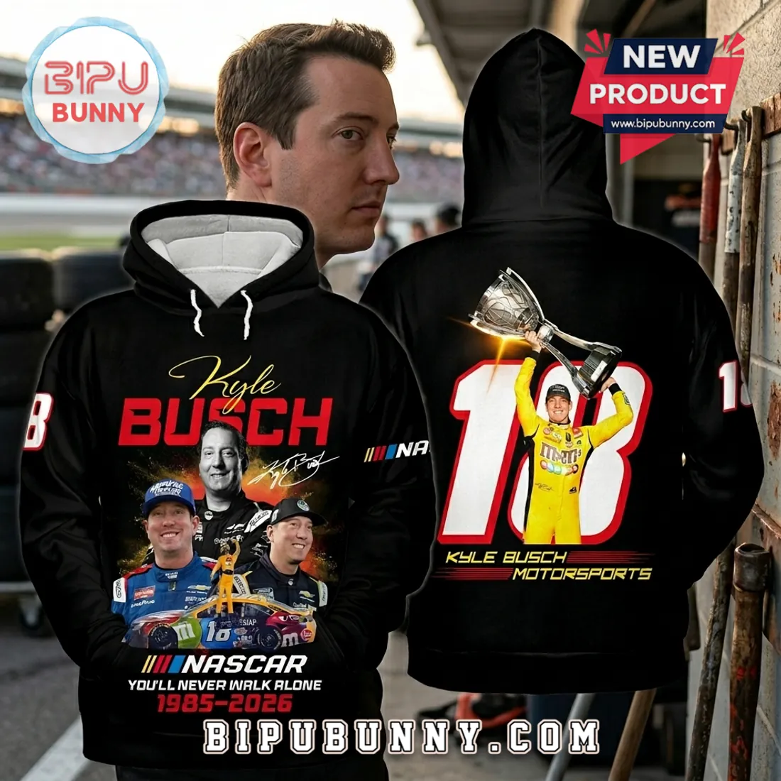 Kyle Busch 18 NASCAR Champion Tribute 1985-2026 Pullover Hoodie Kyle Busch 18 NASCAR Champion Tribute 1985-2026 Pullover Hoodie