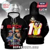 Black Kyle Busch NASCAR zip-up hoodie with portraits, race car, trophy, and text 1985-2026 printed on front and back!