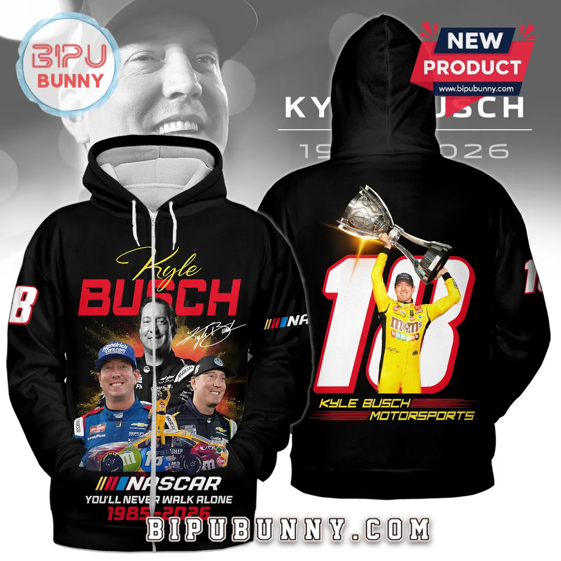 Kyle Busch 18 NASCAR Champion Tribute 1985-2026 Pullover Hoodie Kyle Busch 18 NASCAR Champion Tribute 1985-2026 Pullover Hoodie