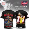 Black Nascar t-shirt featuring Kyle Busch portraits, number 18, and racing trophy graphics in yellow and red print!