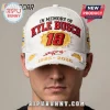 White distressed NASCAR hat with red and yellow embroidery reading IN MEMORY OF KYLE BUSCH 18 and 1985-2026!