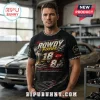 Black graphic t-shirt with racing theme, checkered collar, 18 to 8 text, and red and white car design elements!