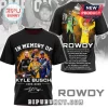 Black graphic t-shirt with Kyle Busch photos, In Memory Of text, and NASCAR career stats listed on the back!