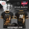 Kyle Busch memorial black t-shirt featuring race car graphics, gold racing checkered patterns, and text Legends Never Die!