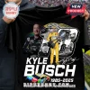 Black graphic t-shirt featuring Kyle Busch, number 18, M&M car, and race photos with text Kyle Busch 1985-2025.!