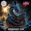 Blue glass dragon sculpture surrounding a ship shaped rum bottle labeled The Leviathan Black Spiced Rum on stormy sea!