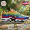 Rainbow pride sneaker featuring smiley faces, flowers, hearts, and text Pride, Love Is, Be Yourself, Equality For All!