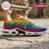Rainbow Nike Air Max sneaker with Pride Love Is Be Yourself and Equality For All text plus smiley face and flower icons!