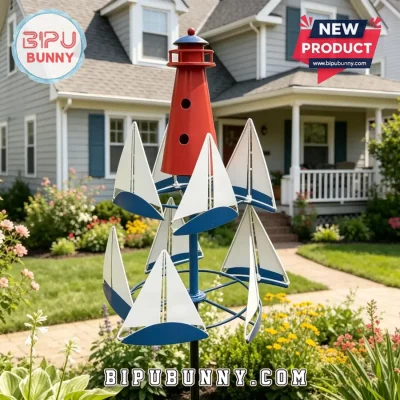 Lighthouse Sailboat Nautical Coastal Metal Garden Wind Spinner